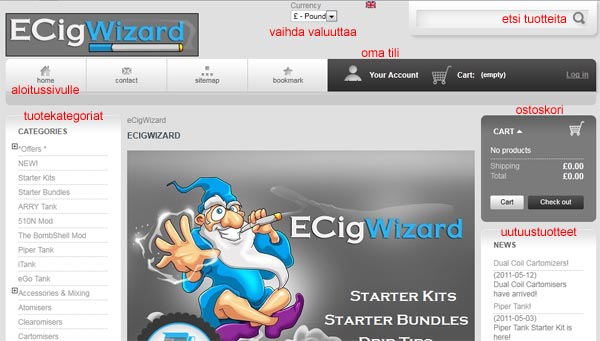 ECigWizard sähkötupakkakaupan etusivu