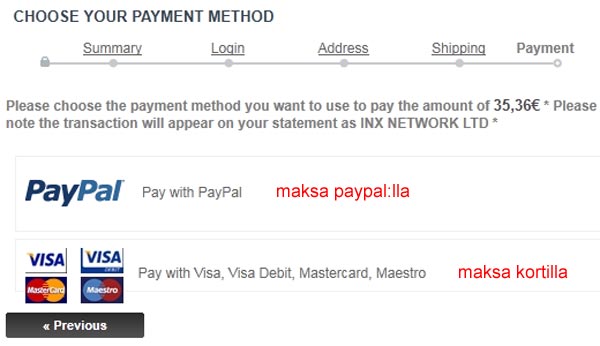 Maksutavan valinta (Paypal tai kortti)